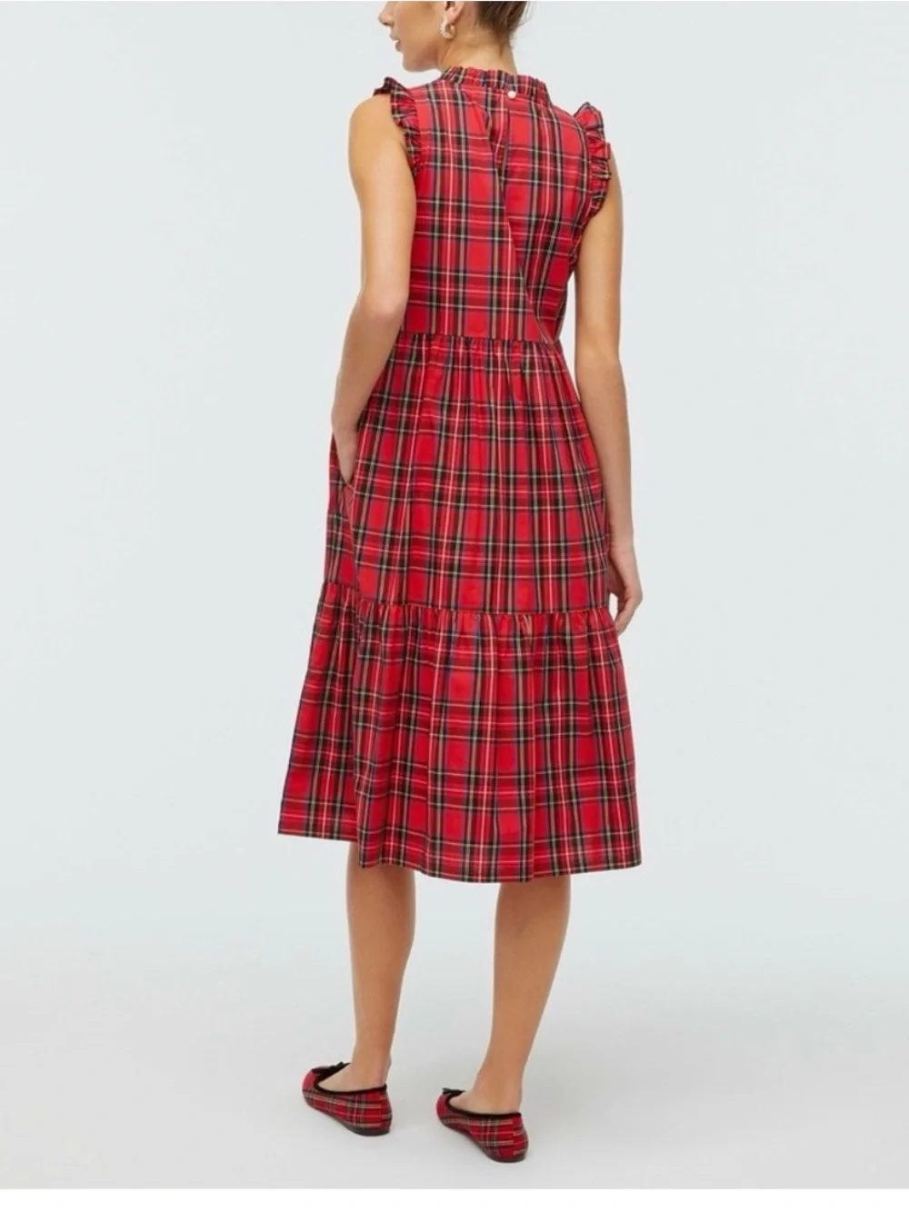 J Crew Classic red green holiday tartan plaid midi dress ruffle 12 side zip